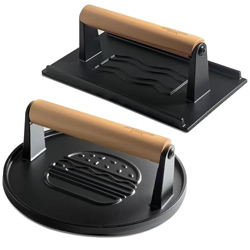 Cast Iron Smash Burger Press Round & Rectangle Grooved 2PCS Deal