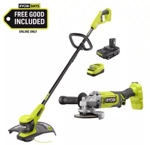 RYOBI ONE+ 18V 13 in. Cordless Battery String Trimmer with 2.0 Ah Battery and 4-1/2 in. Angle Grinder Deal
