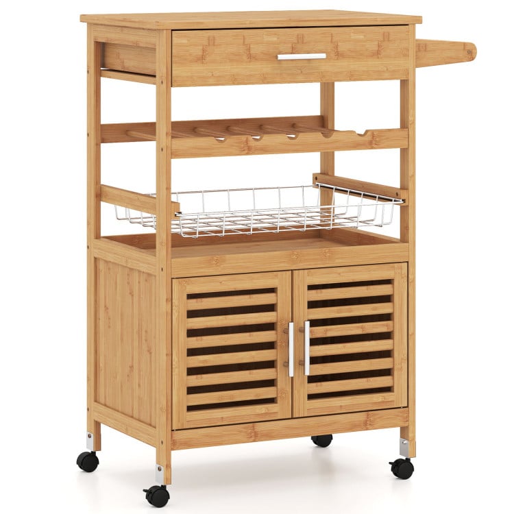 Costway Bamboo Rolling Kitchen Island Trolley with Storage Cabinet and Wine Rack