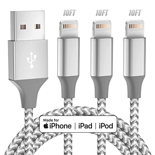 Bkayp iPhone Apple MFi Certified Long Lightning Cable Fast Charger 3-Pack 10-ft