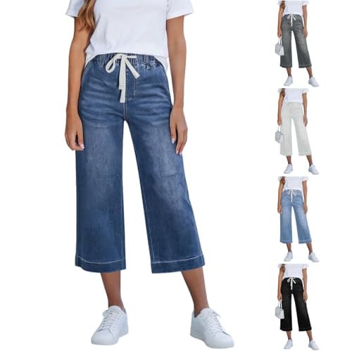 Capri Jeans for Women High Waisted Stretch Wide Leg Elastic Waist Pants