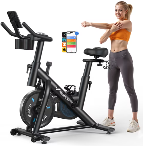 MERACH Magnetic Home Stationary Exercise Bike with Free App and Dumbbell Rack Deal
