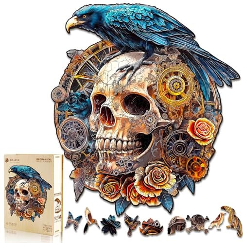 Kayee 175-Piece 11.4" x 10.1" 3D Effect Wooden Jigsaw Puzzle (Raven & Mechanical Skull)