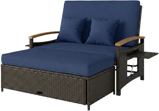 Outsunny Rattan Outdoor Daybed with 4-Level Adjustable Backrest and Storage Ottoman in Navy Blue
