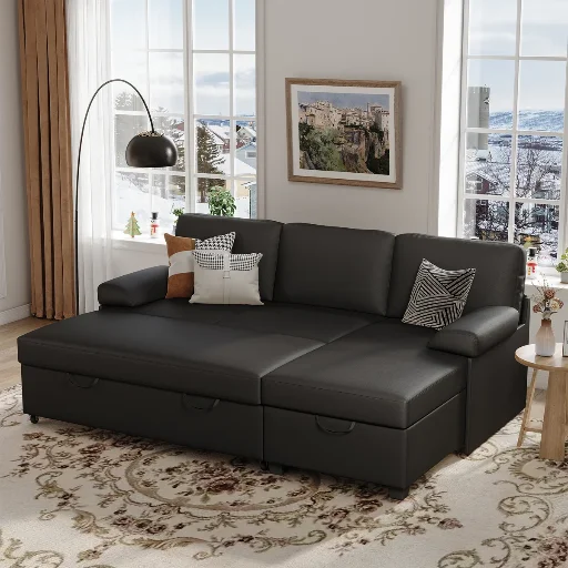 80" Corduroy Sleeper Sofa with Storage Chaise & Pull-Out Bed