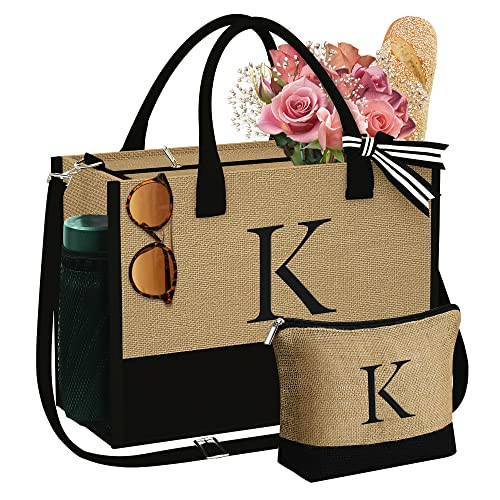 Initial Jute Tote Bag & Makeup Bag for Women