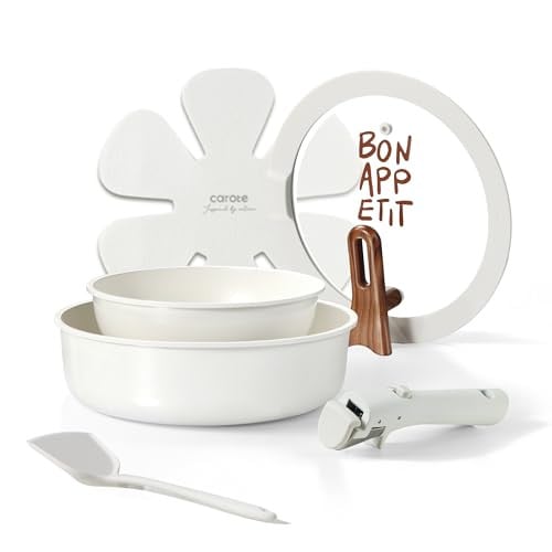 CAROTE Ceramic Nonstick Cookware Set: 8" Fry Pan, 10" Sauté w/ Lid, & Detachable Handle (Cream White)