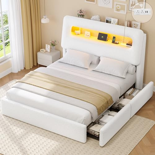 DICTAC Full Boucle Bed Frame with 4 Drawers & Storage Headboard