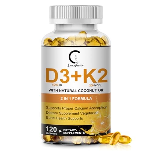 Vitamin D3 K2 Supplement 5000 IU + K2 MK7 200mcg with Coconut Oil (120ct) Deal