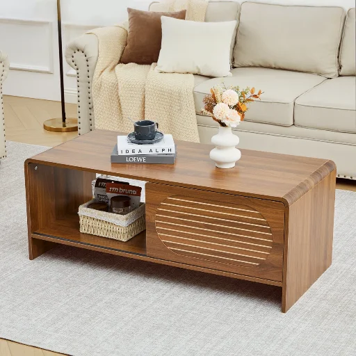 Ebern Designs Mid Century Modern Rectangular Coffee Table w/ Storage & Sliding Door