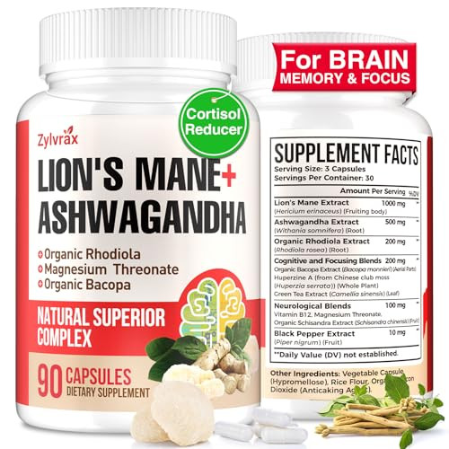 Ashwagandha & Lions Mane Supplements Capsules 90-Count