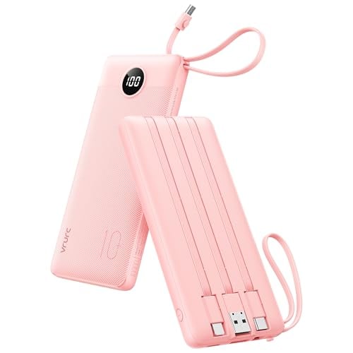 Vrurc 10,000mAh Slim Portable 12W Power Bank with 4 Built-In Cables and LED Display (Pink)