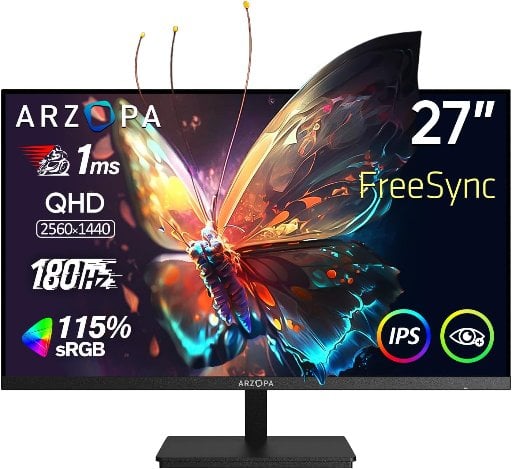 ARZOPA 27" 2K QHD 180Hz 1ms FreeSync IPS Gaming Monitor + Wireless Mechanical Gaming Keyboard