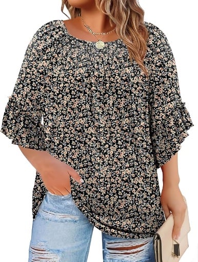 Plus Size 3/4 Length Sleeve Boho Tops