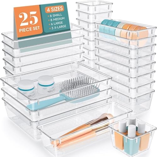 WOWBOX 25-Piece Clear Plastic Drawer Organizer Set