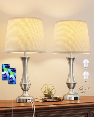 2pk Seealle Dimmable Metal Touch Table Lamps w/ USB C+A