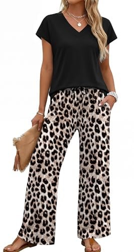 XIEERDUO 2 Piece Sets Printed Wide Leg Pant V Neck Cap Sleeve Tops Deal