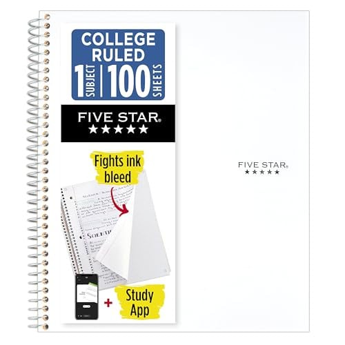Five Star 1-Subject College Ruled Spiral Notebook with Pockets (White, 100 Sheets)