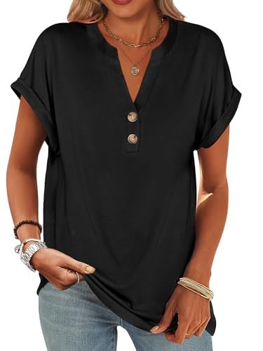 ANRABESS Womens Short Sleeve Henley Tops V Neck Dressy Casual Blouses Summer Trendy Tee Shirts Black M Deal