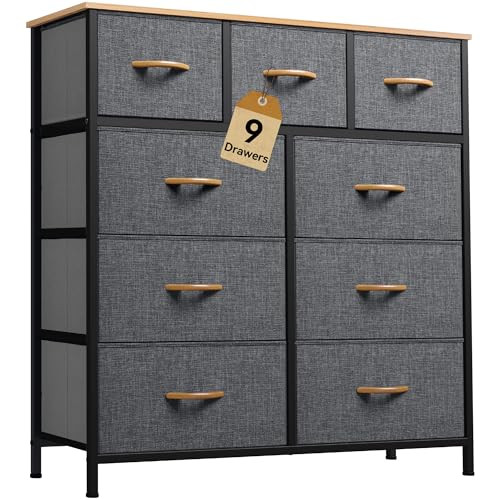 Fabric Storage Dresser with 9 Drawers (Dark Grey)