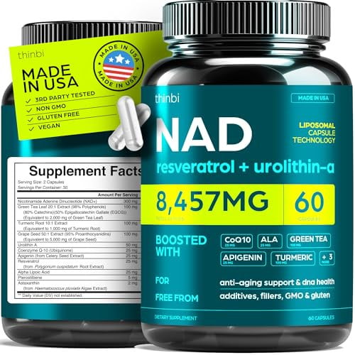Thinbi 60-Count 8457-Mg NAD+ Complex Urolithin A Resveratrol Supplement