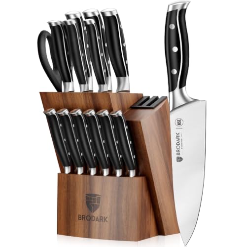 BRODARK 15-Piece Knife Set with Block and Sharpeners