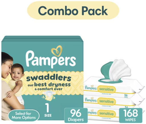 Pampers Swaddlers Size 1 Diapers (96 Count) & Sensitive Wipes (168 Count) Bundle