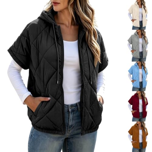 Women's Puffer Vest with Hood Short Sleeve Quilted Jackets Funnel Neck Coat Deal
