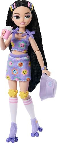 Barbie Dream Besties Renee Posable Roller Skating Fashion Doll with Black Hair, 12 Video & Food Themed Pieces