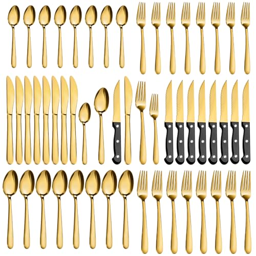 Pleafind 48-Piece Gold Silverware Set for 8, Stainless Steel Cutlery Set