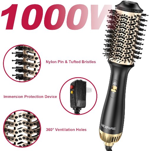 NEXPURE 4-in-1 Negative Ion Anti-Frizz Ceramic Titanium Barrel Hair Dryer Brush