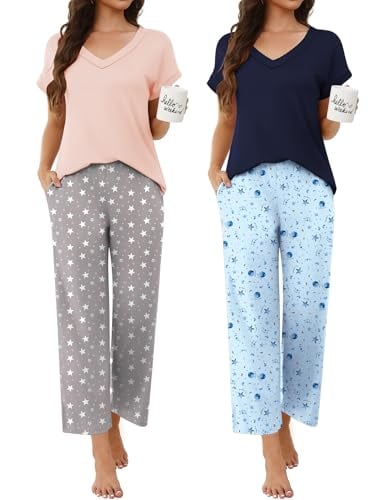 Ekouaer Women’s V-Neck Short Sleeve Pajama Sets w/ Ankle-Length Pants 2-Count Deal