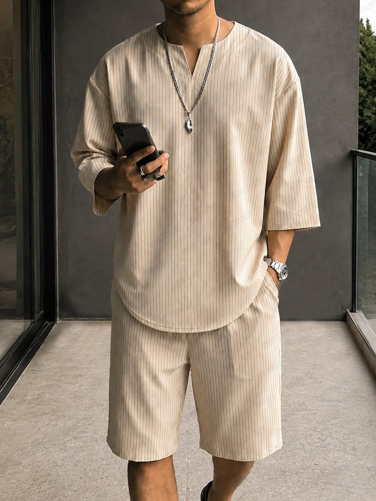 COOFANDY 2-Piece Men's Pinstripe Shirt & Short Set Deal