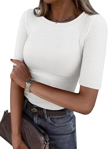 ANRABESS Womens Half Sleeve Crewneck Ribbed Knit Slim Fit Shirts Basic Tee