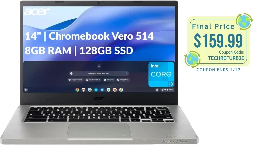 Acer Vero 514 Chromebook 14" FHD IPS 300-nits, i3-1215U, 8GB LPDDR4, 128GB SSD (Refurbished) Deal