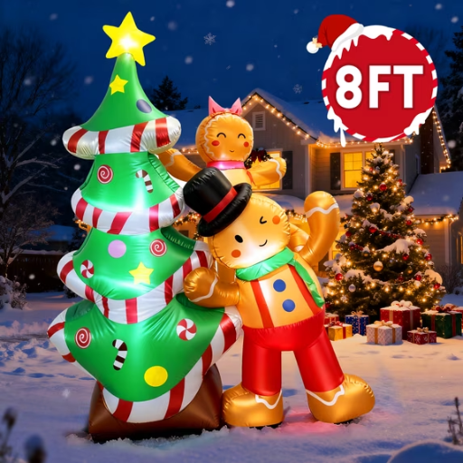 GVDV 8FT Christmas Inflatables Outdoor Decorations (Gingerbread Man & Christmas Tree)