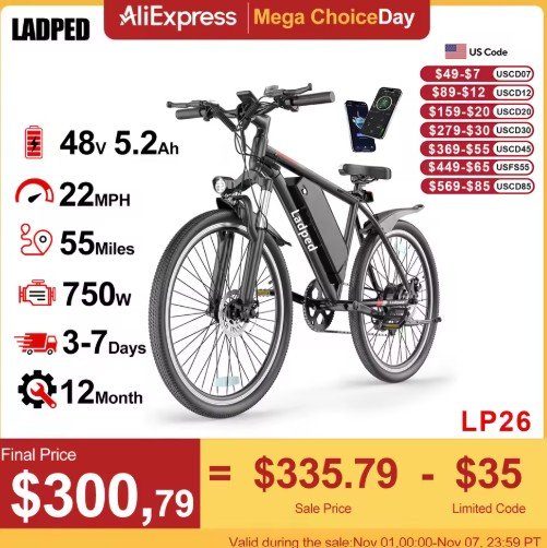 LADPED Electric Bicycle 26-inch 750W 48V 5.2AH 7 Speed