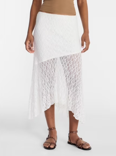 No Boundaries Women's Asymmetrical Lace Midi Skirt (Winter White, Sizes XXS-M) Deal