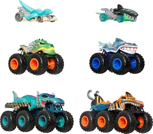 Hot Wheels Toy Cars & Monster Trucks, Sharks vs. Dinos Multipack with 8 Total Vehicles