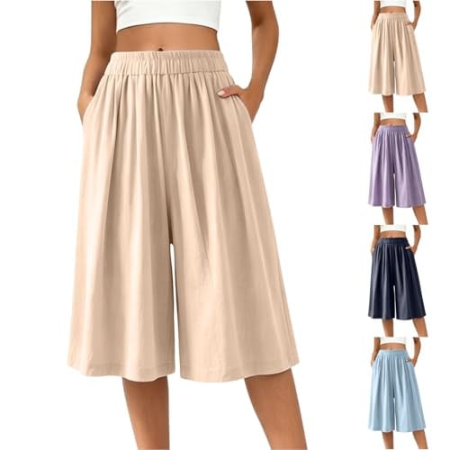 Capri Flowy Baggy Pants Plus Size Wide Leg Elastic Waist 