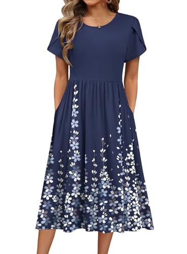 HOTOUCH Women's Summer Long Dress Short Sleeve Aline Flowy Flroal Beach Sundress Casual Crewneck Loose Midi Shift Dress Resort Wear Outfits Deal