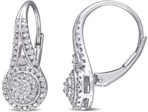 Nearly 1/2 Carat Natural Diamond Double Halo Leverback Hoop Earrings, 3/4 Inch