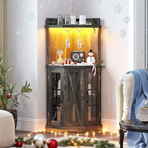 DWVO 53" Corner Bar Cabinet, Farmhouse Wine Cabinet with LED Lights, Glass Holder & Shelves, Dark Rustic Oak