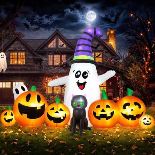 Yexmas 8 FT Long Halloween Inflatable Ghost with Witch Hat and 6 Pumpkins