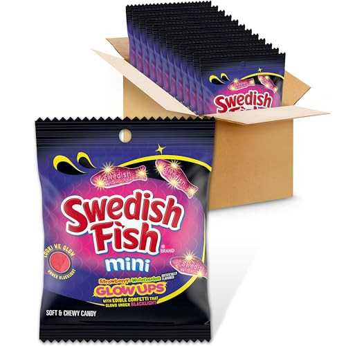 Swedish Fish Mini Glow Ups Soft & Chewy Gummy Candy (Strawberry-Watermelon) 12-Count