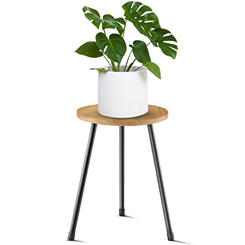 Mid-Century Adjustable Height Wood Top Indoor Plant Stand Table (14-16" Tall)