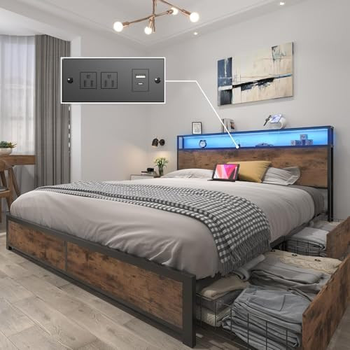 Lifezone Queen Size Platform Bed Frame with Storage Headboard and Charging Station