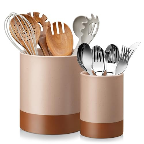 Malacasa 2-Piece Ceramic Utensil Holder Organizer (7.3" & 5.5", Khaki Pink)