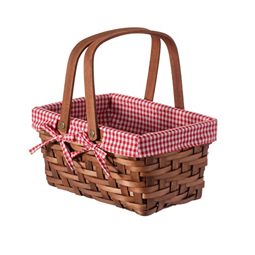 Wickerwise Small Rectangular Woodchip Picnic Baskets with Double Folding Handles, Natural Hand-Woven Basket Lined with Gingham Red and White Lining Deal