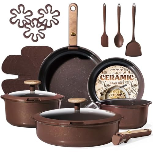 CAROTE 19-Piece Ceramic Nonstick Cookware Set w/ Detachable Handle (Dark Choco) Deal